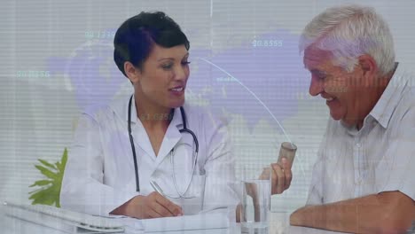 Animation-of-data-processing-over-biracial-female-doctor-talking-to-male-senior-patient-at-hospital