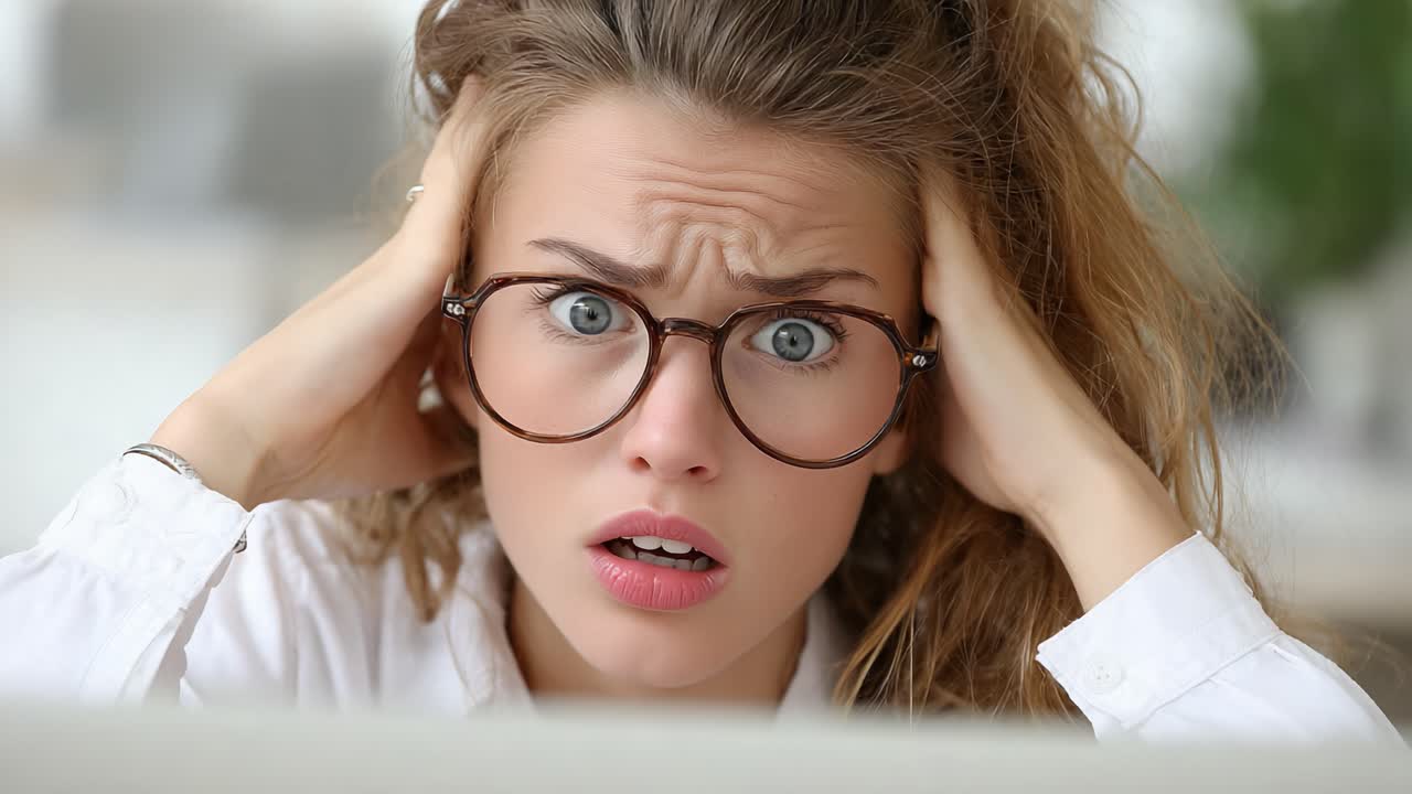 A young woman with striking features and expressive eyes shows intense emotions of surprise and anxiety while holding her head in dismay, illustrating the impact of stress and shock in a modern setting