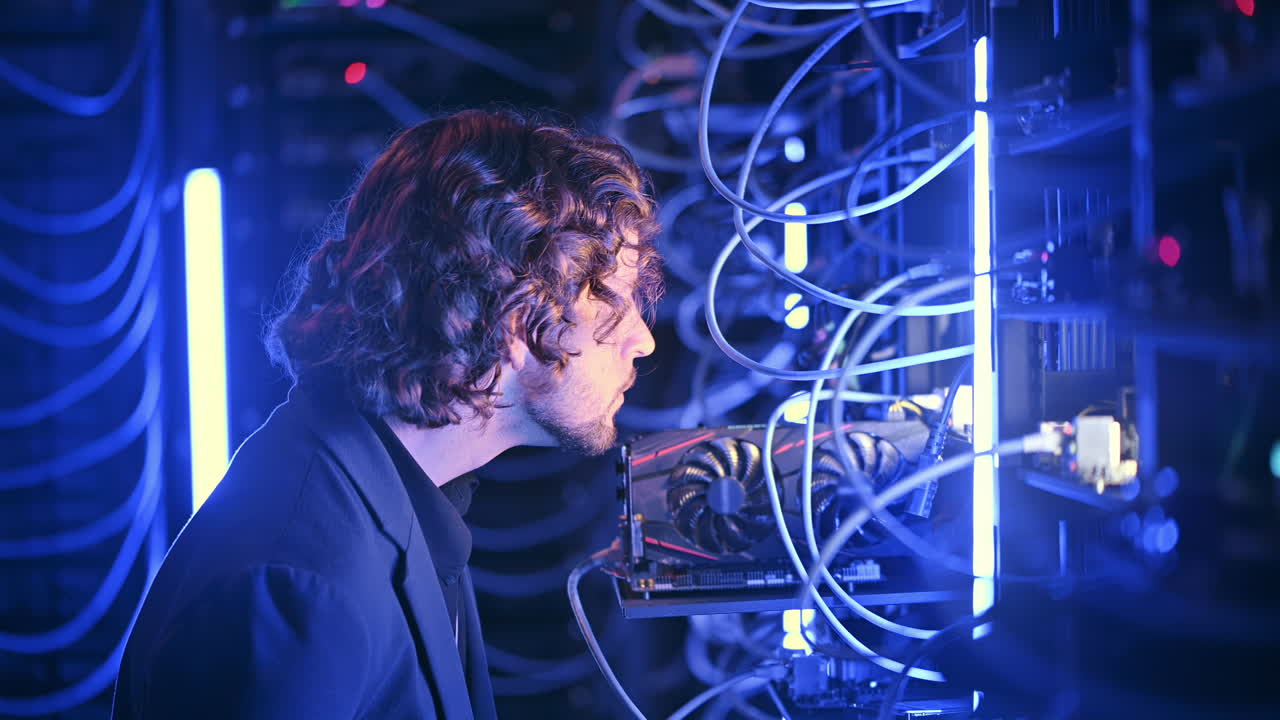 Man analysing servers in a data center