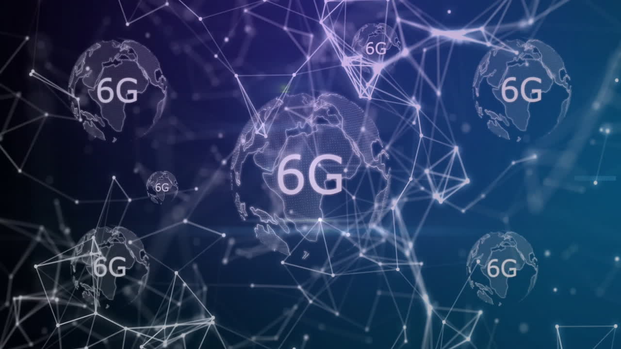 Animation of globes with 6g over network of connections on black background