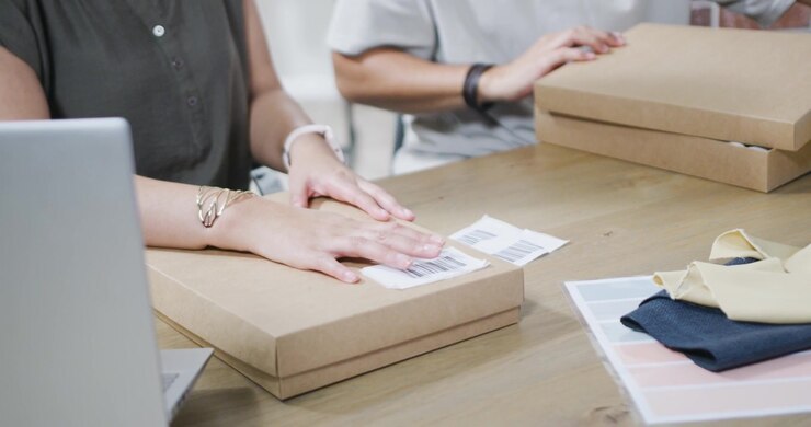 Small Business Owners Packing Clothing Orders in Cardboard Boxes