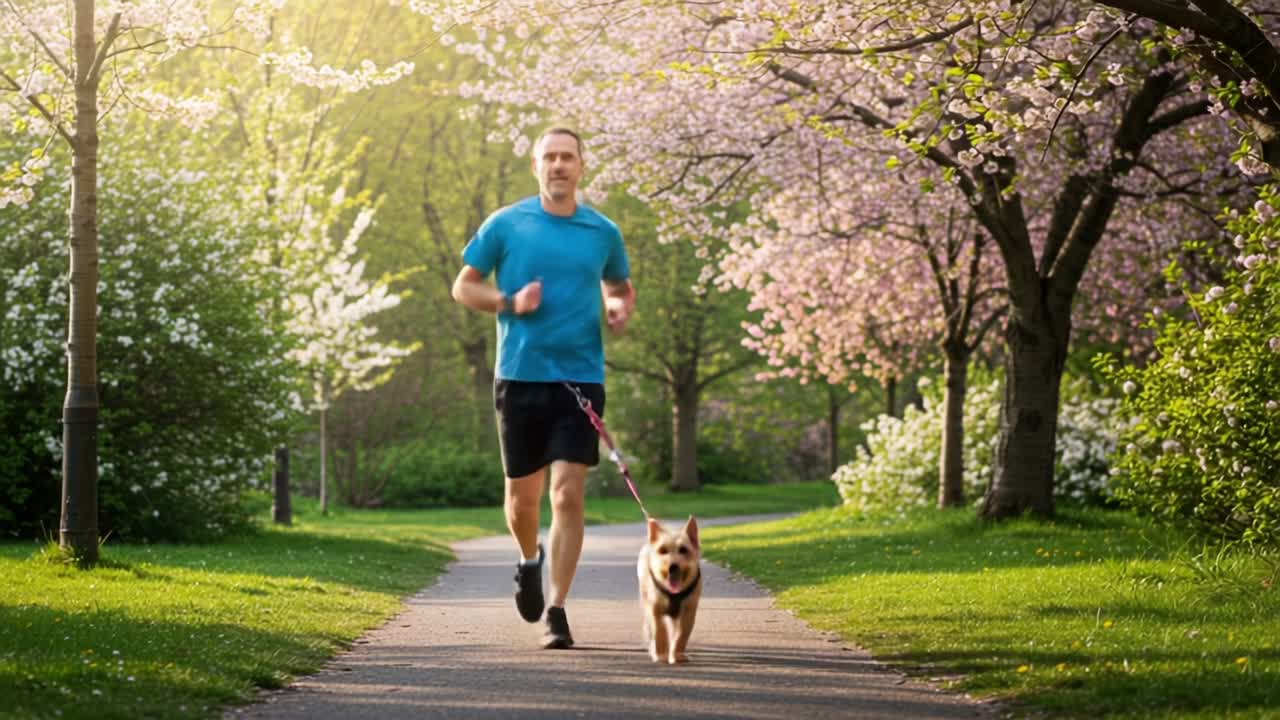A Dedicated Runner Enjoying a Joyful Jog with His Energetic Dog Through Lush, Blossom-Filled Park Trails Under Warm Spring Sunshine