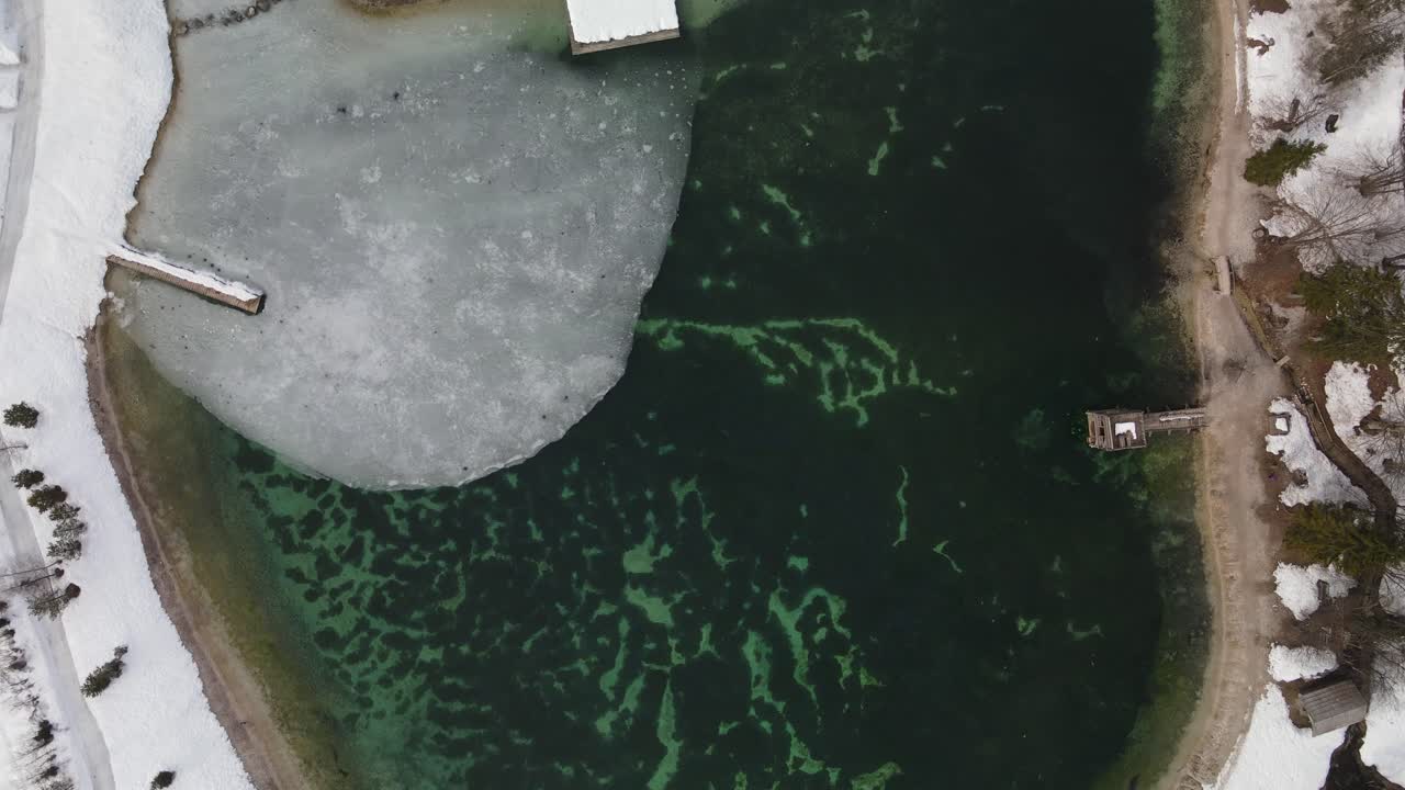 Bird's-eye view frozen Jezero Jasna lake , Slovenia