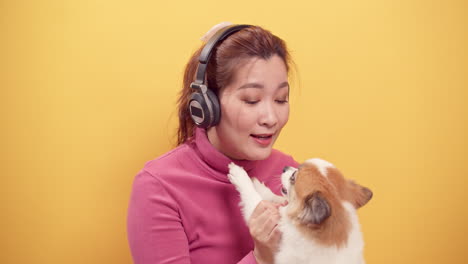 asian gorgeous woman uses digital tablet and streaming application for happy listening to music on headphones while with playing the dog for relaxation on bright yellow background