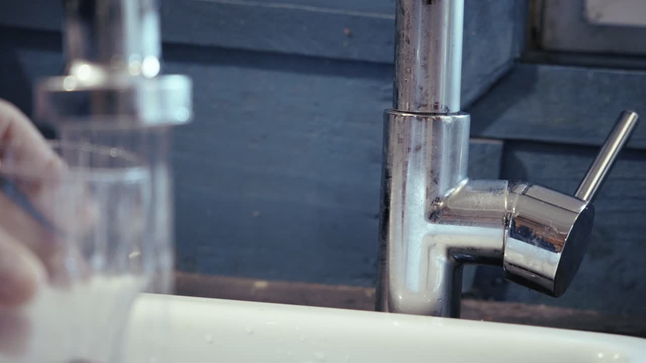 Close-up of a hand holding a glass under a modern faucet, symbolizing hydration and refreshment. The metallic shine of the faucet adds a sleek, contemporary feel.