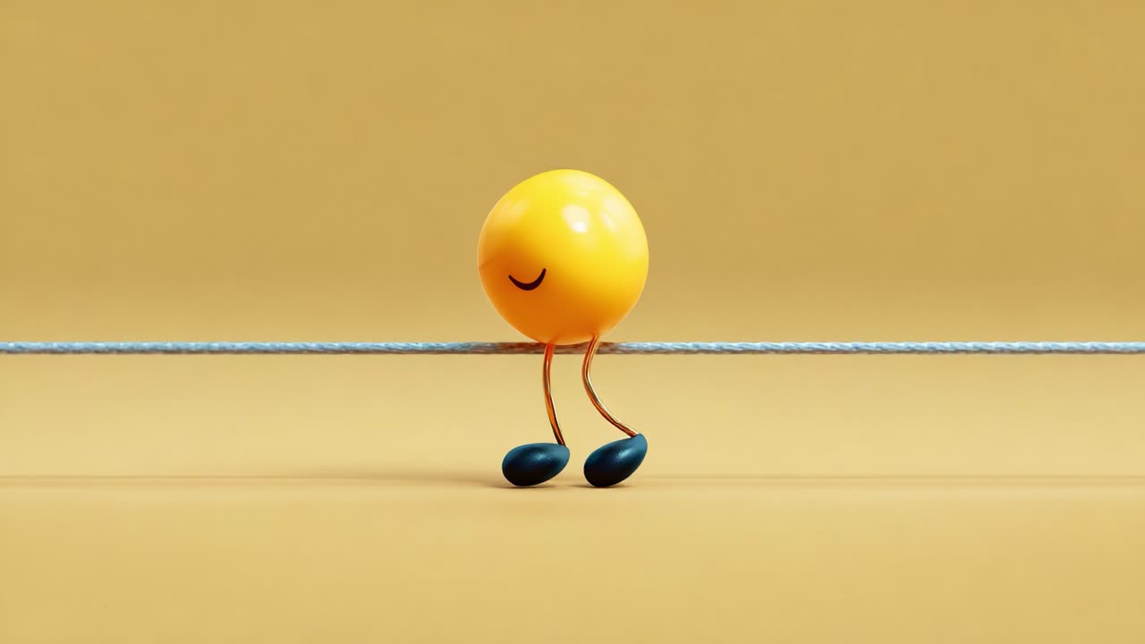 A cheerful yellow character with a bright smile sits playfully on a thin wire, exuding an aura of joy and balance, embodying happiness in its whimsical pose against a muted background