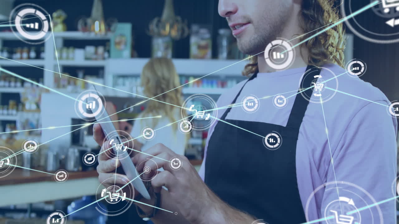 animación de la red de conexiones con iconos sobre hombre caucásico con tableta en el café