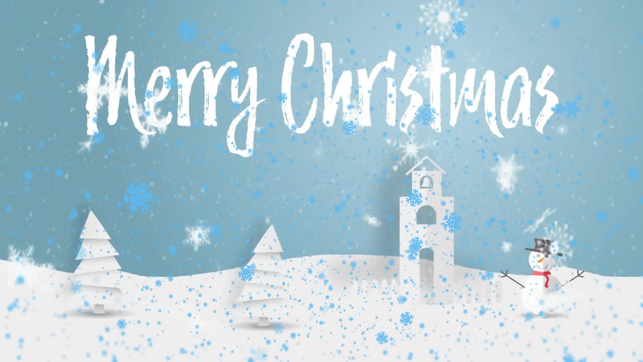 Merry Christmas text animation over snowy landscape with snowflakes and snowman
