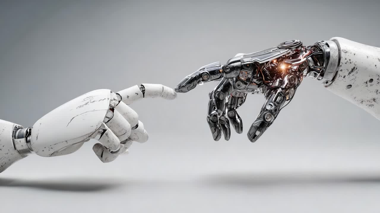 A visually captivating exploration of the interaction between human-like robotic hands, representing the intersection of technology and human emotion, highlighting innovation and creativity
