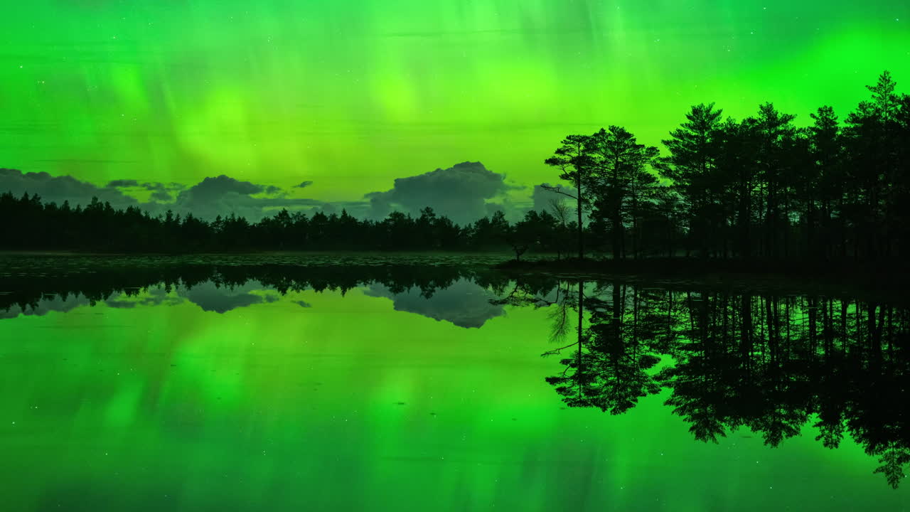 Northern lights over forest and lake in Estonia, green auroras reflected on still water, beautiful clouds roll over silhouette of trees