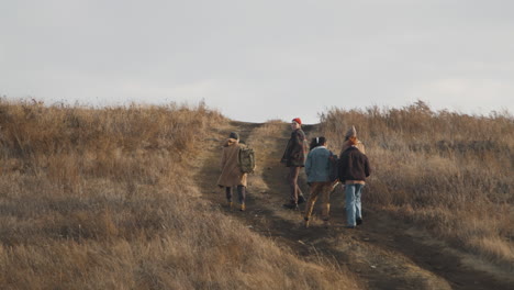 vista posteriore di un gruppo di amici adolescenti che parlano e camminano in un percorso di campo di grano in una giornata ventosa