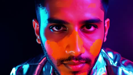 close-up portrait of a man with neon makeup and lighting