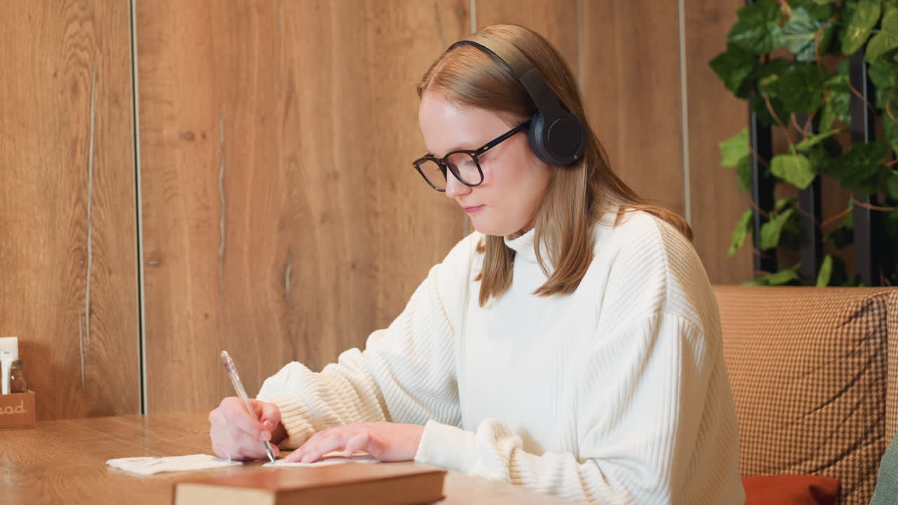 High school student wearing headset and white sweater focuses on sketching while dancing slightly, seated in warm setting with wood panel walls, leafy decor, and peaceful atmosphere