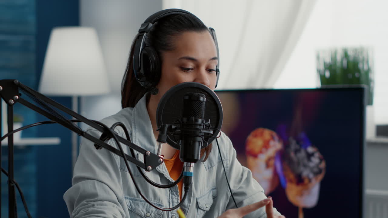 Young content creator starting internet live podcast talk show