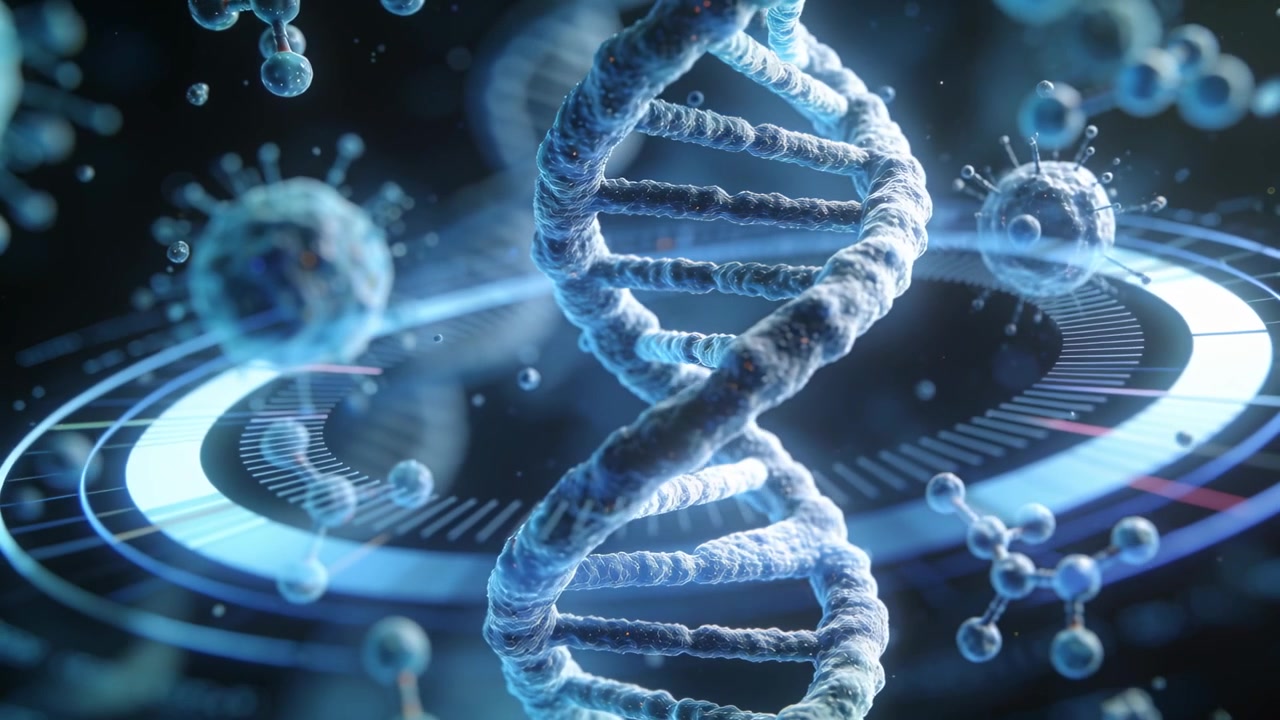 Elica di DNA rotante che rivela coppie di basi in uno spazio nebbioso mentre la telecamera si allontana, con un anello HUD in scansione
