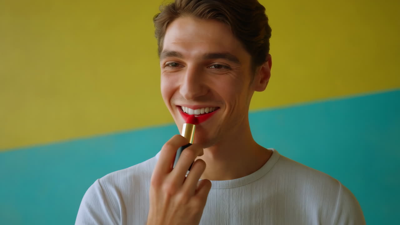 Smiling Man Applying Red Lipstick