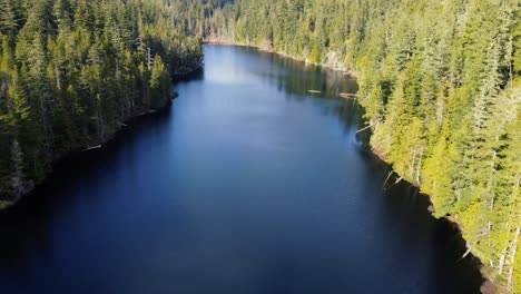 drone dolly shot over a lake in the forest with the reflection of the sky in the water