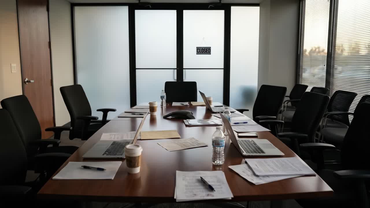 Sala conferenze vuota e ordinata con portatili e documenti