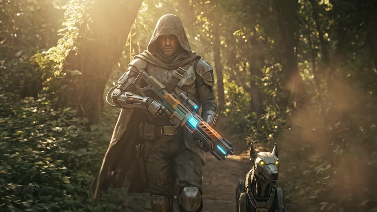 Futuristic Warrior with Robotic Dog Walks Through Sunlit Forest