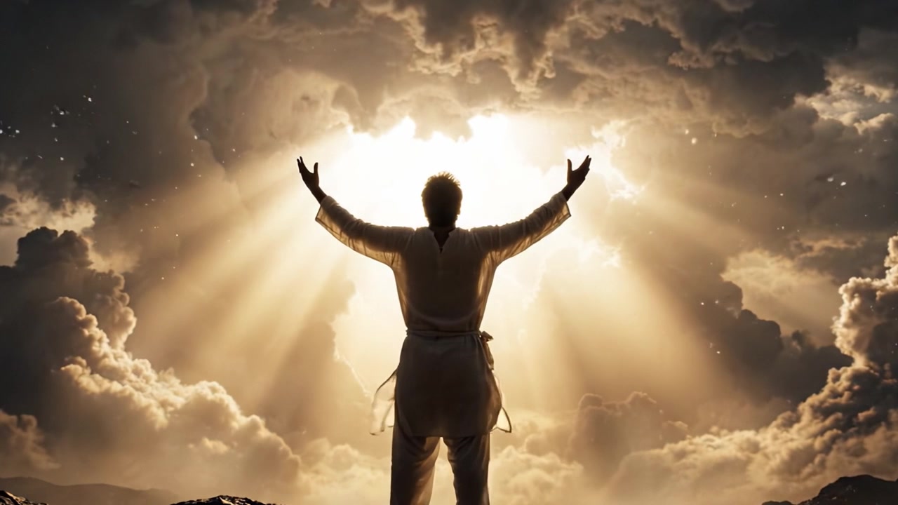 A Figure in White Embraces Divine Light Amidst Dramatic Clouds, Symbolizing Hope and Enlightenment in a Majestic Scene of Nature's Beauty and Spirituality