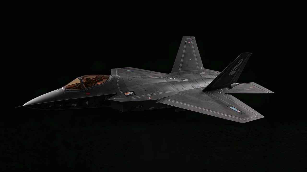 Starting sequence causing stealth fighter jet rotating on black background, revealing tinted canopy