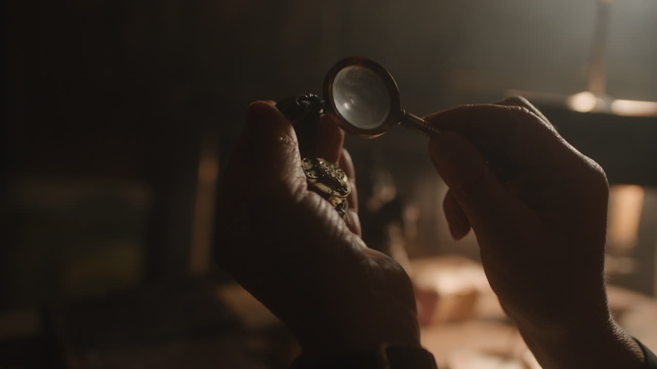 Older passionate man evaluates an old silver skull watch in his office at night