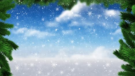 Animation-of-falling-snowflakes-over-fir-tree-branches