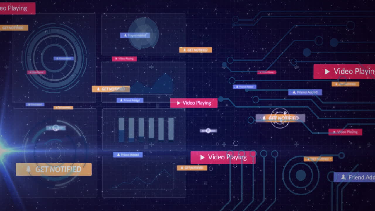 Animation of digital interface with notifications and video icons on circuit patterns