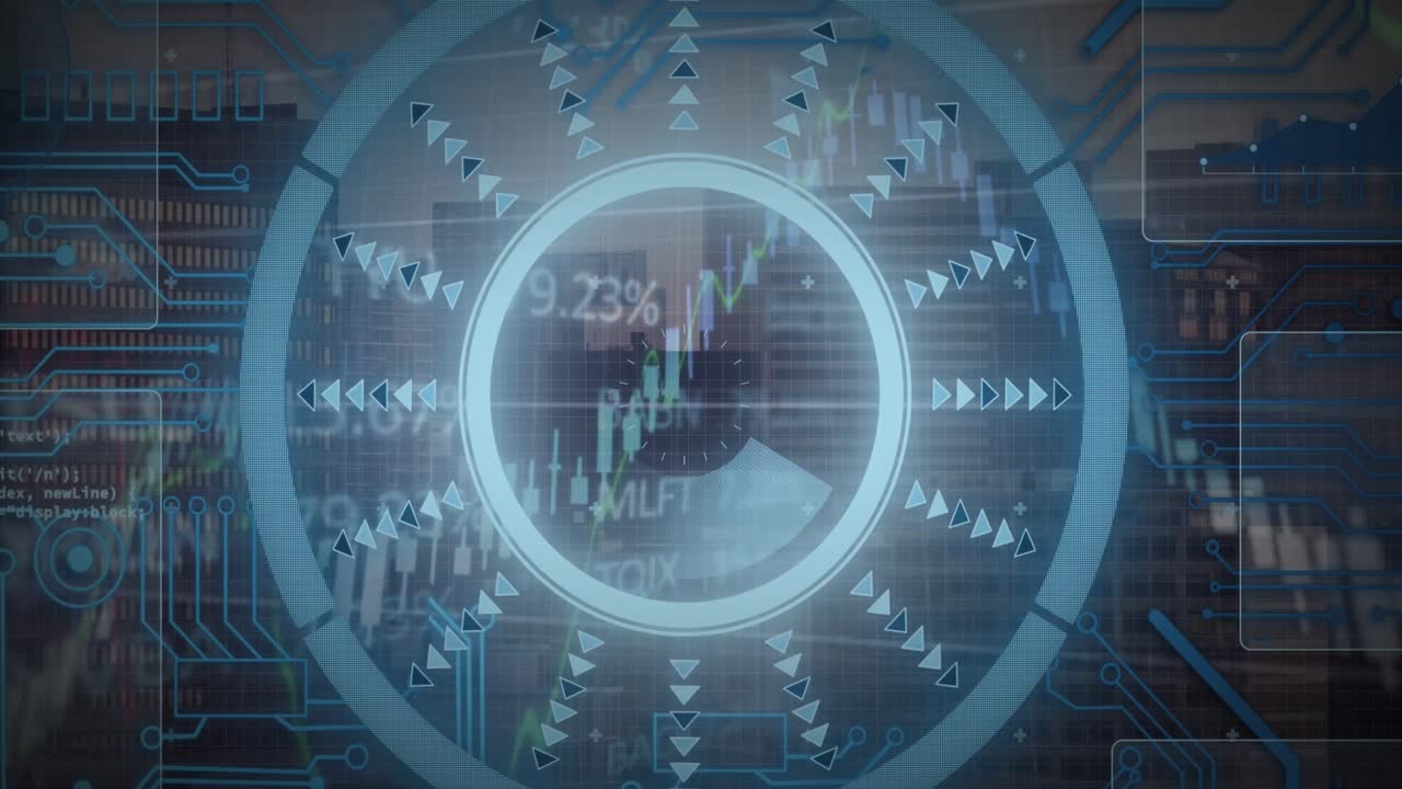 Animation of round scanner over financial and stock market data processing against view of cityscape