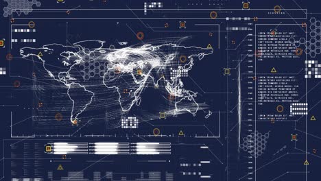 Animation-of-interface-with-world-map-and-data-processing-against-blue-background