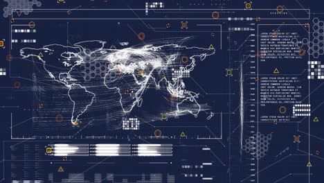 animación de la interfaz con el mapa del mundo y el procesamiento de datos contra un fondo azul.