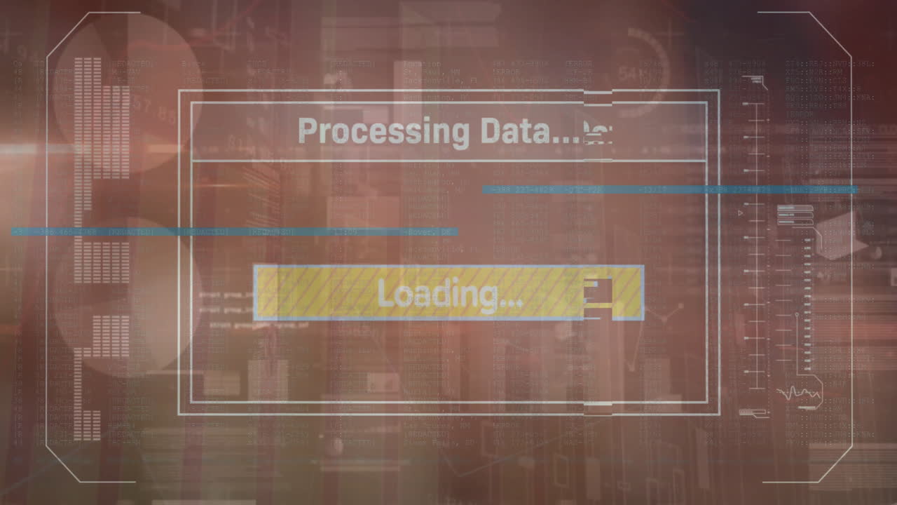 Animation of loading bar with texts over multiple graphs and trading board over abstract background