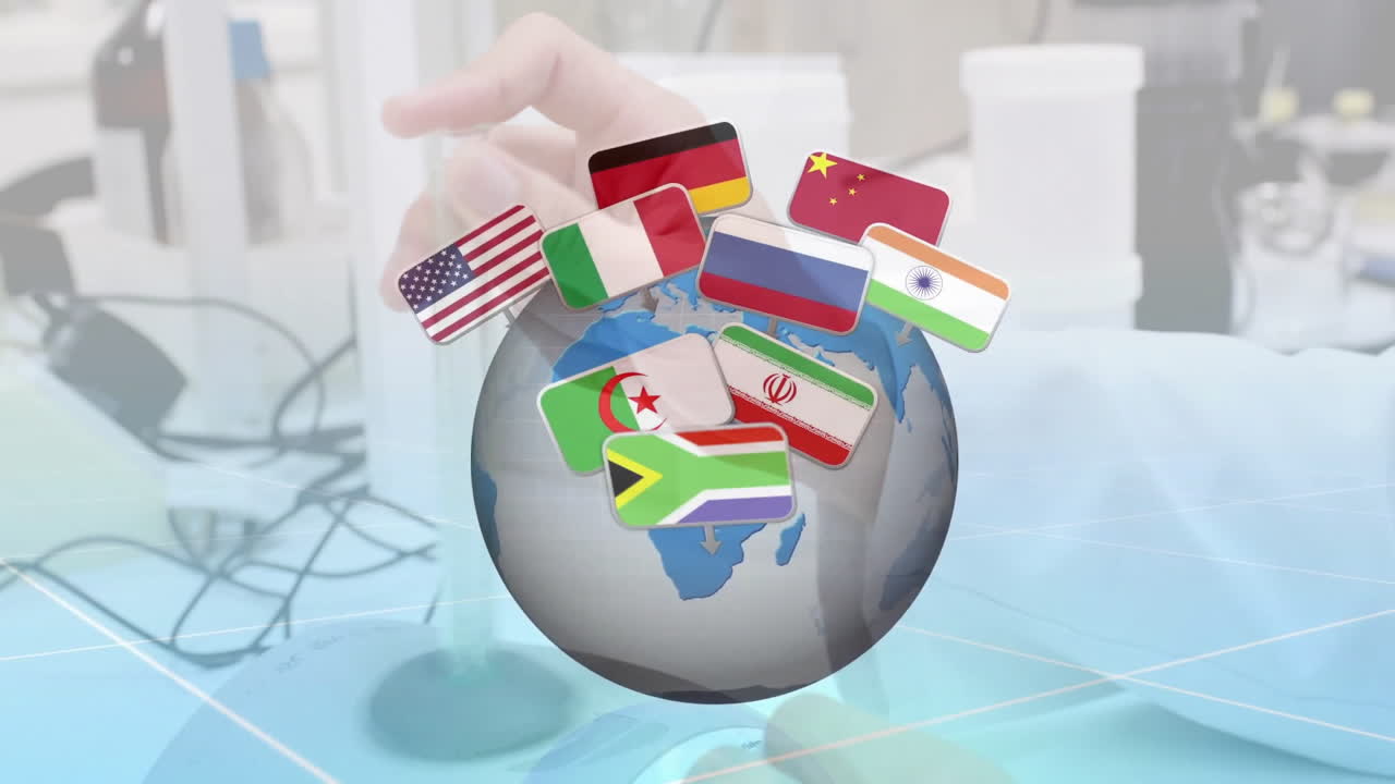 In school, animation of flags floating over globe in scientific laboratory setting
