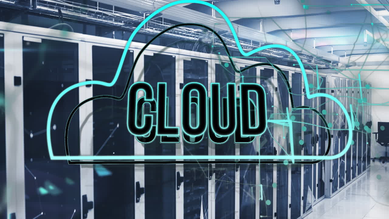 Animation of cloud text in cloud over connected dots on data server racks in server room