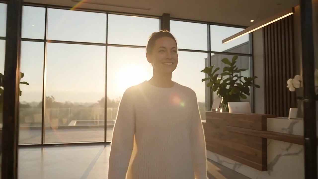 Smiling Woman Walking Through Modern Office Entrance at Sunset