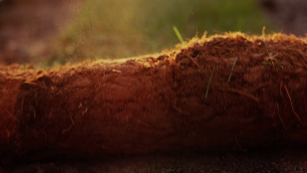 un rollo de rodillos de césped vivos, listos para plantar hacia la cámara