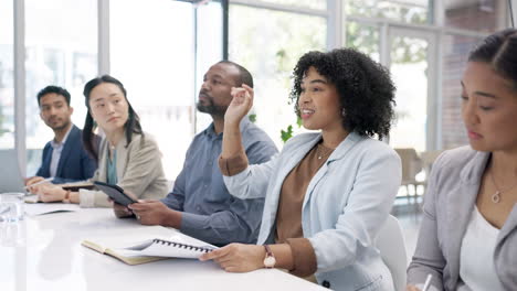 business people, workshop and team with questions