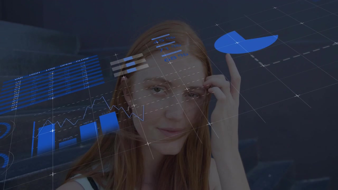 Woman holding hand to temple in dim tech lab, showing holographic pie charts and world map