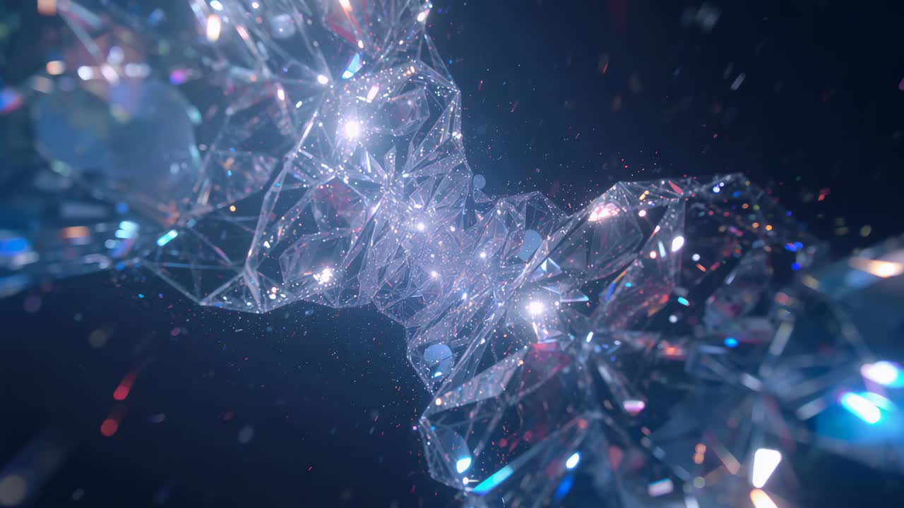 Playback starting glass faceted ribbon shifting, refracting lights for reveal in void with dust