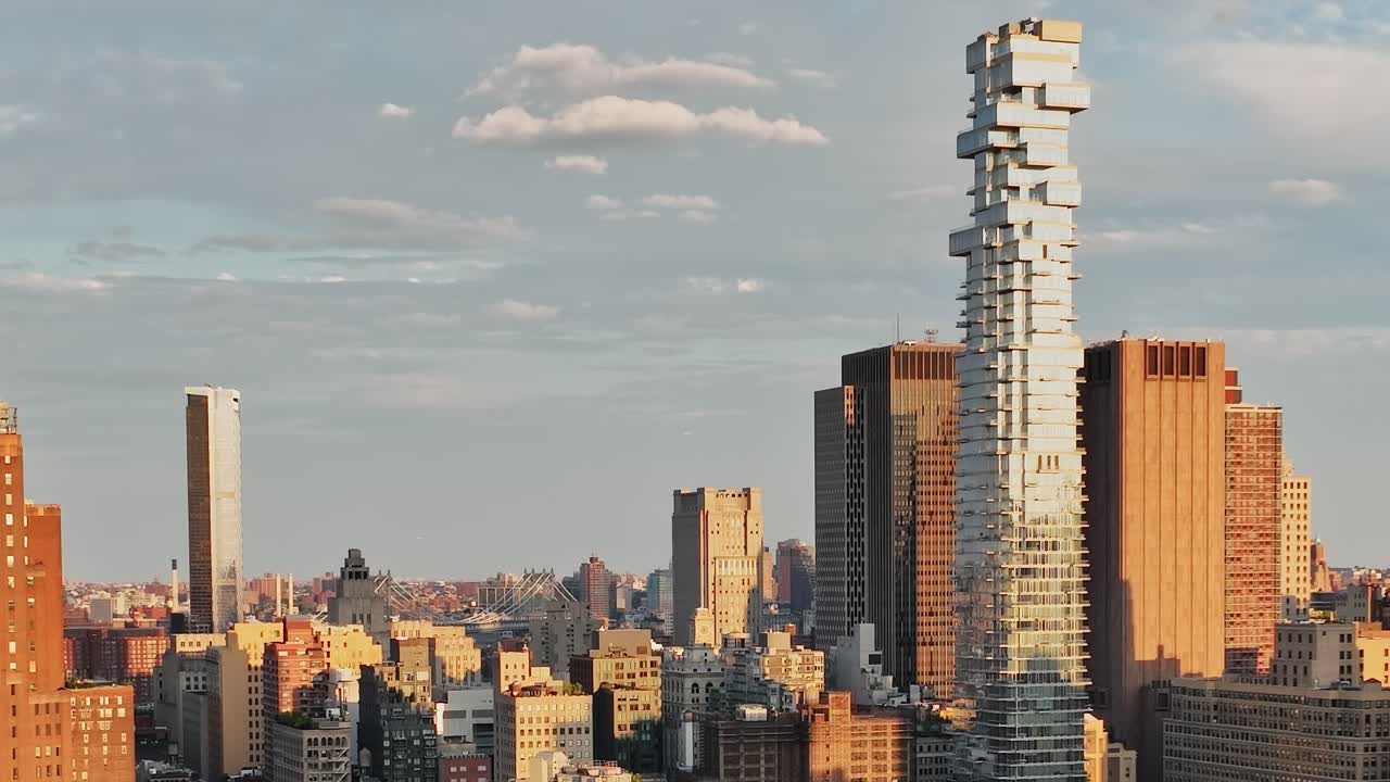 Aerial view of NYC's modern architecture at sunset