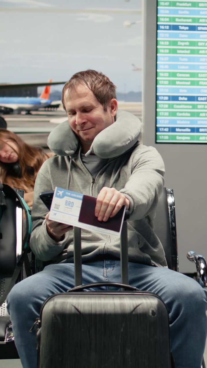 Video vertical: Hombre en el aeropuerto con tarjeta de embarque, consultando el itinerario de vuelo en su smartphone.