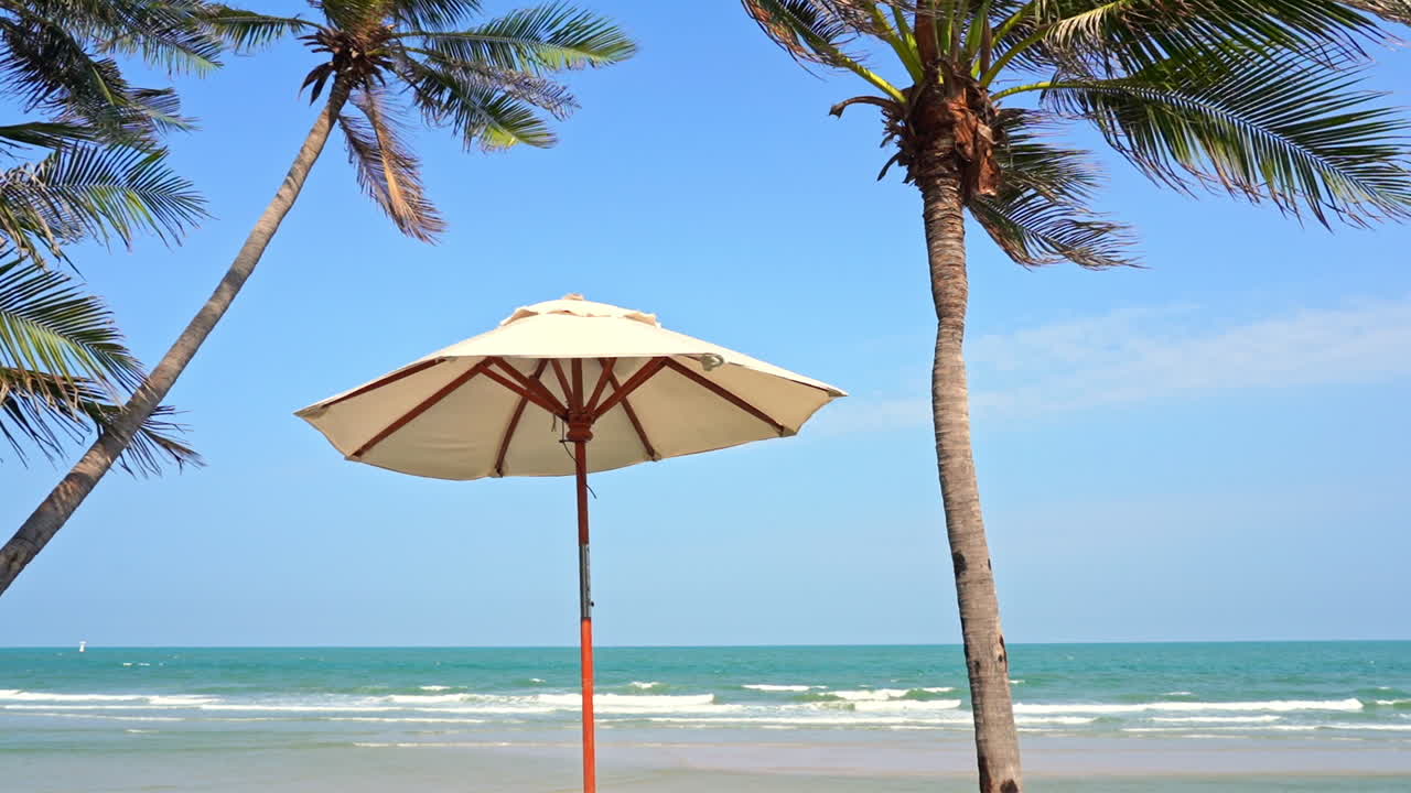 바다 근처의 비치 파라솔과 코코넛 야자수, 화창한 날 낮