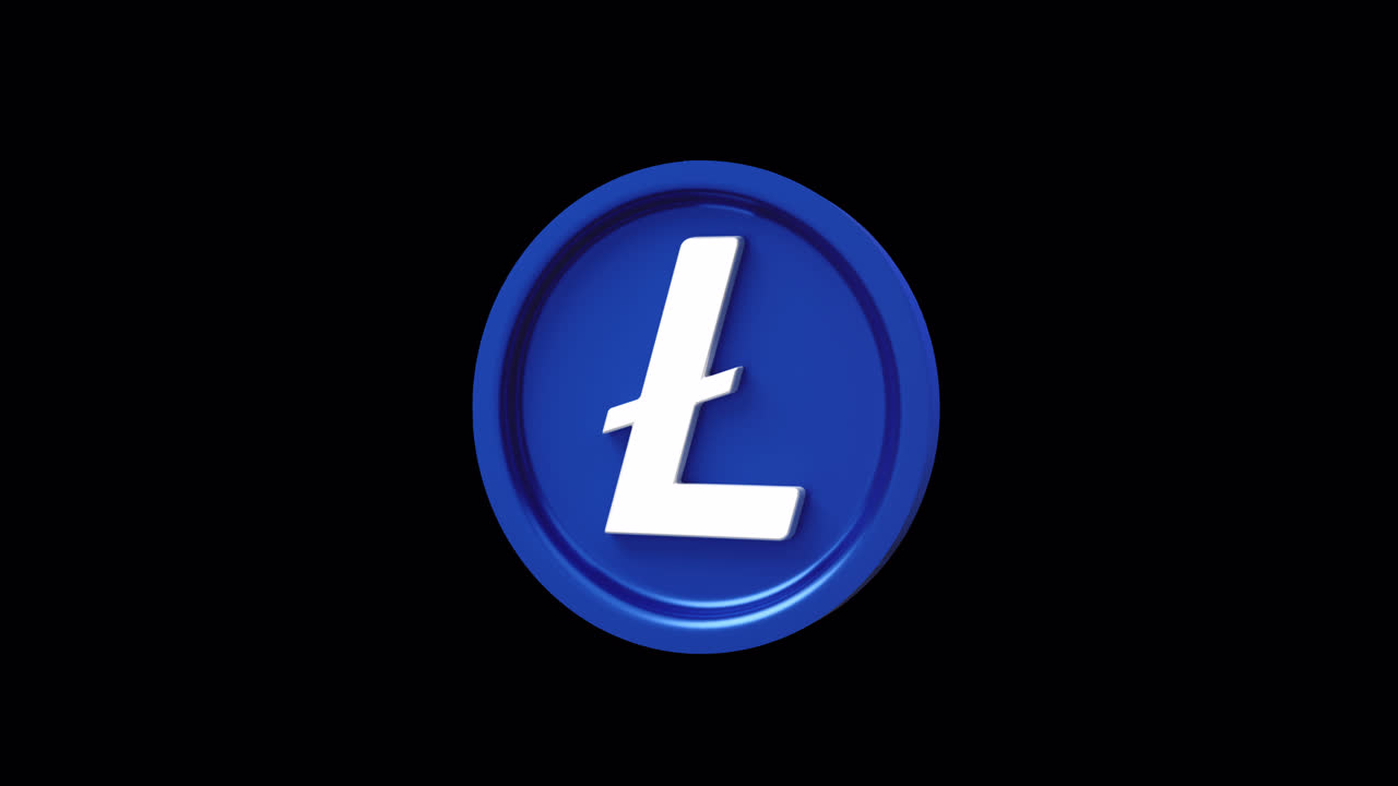 Logo 3D rotante della criptovaluta Litecoin su sfondo nero.