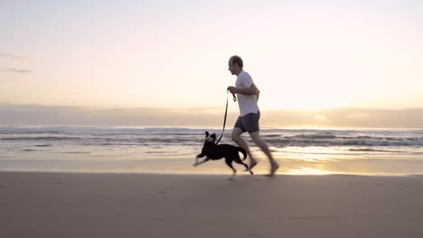 happy man running dog on beach lifestyle steadicam shot