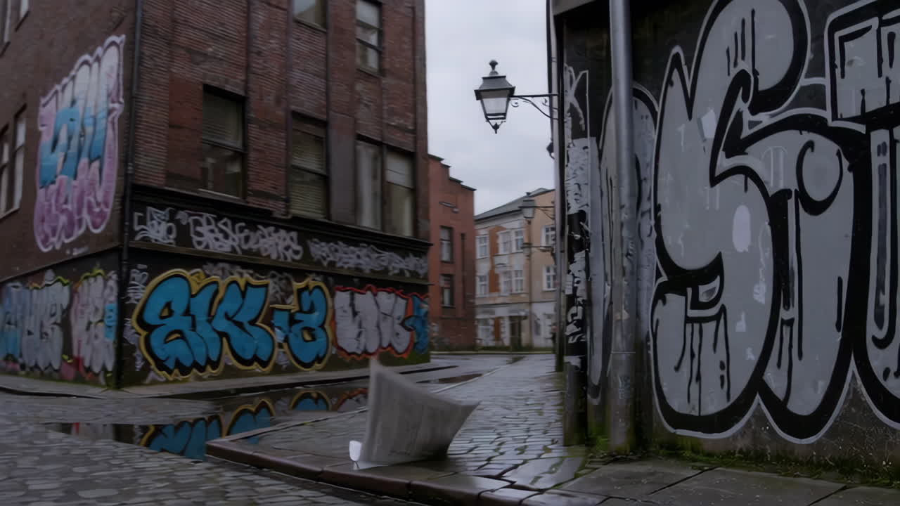 Graffiti-Covered European Alleyway on a Rainy Day