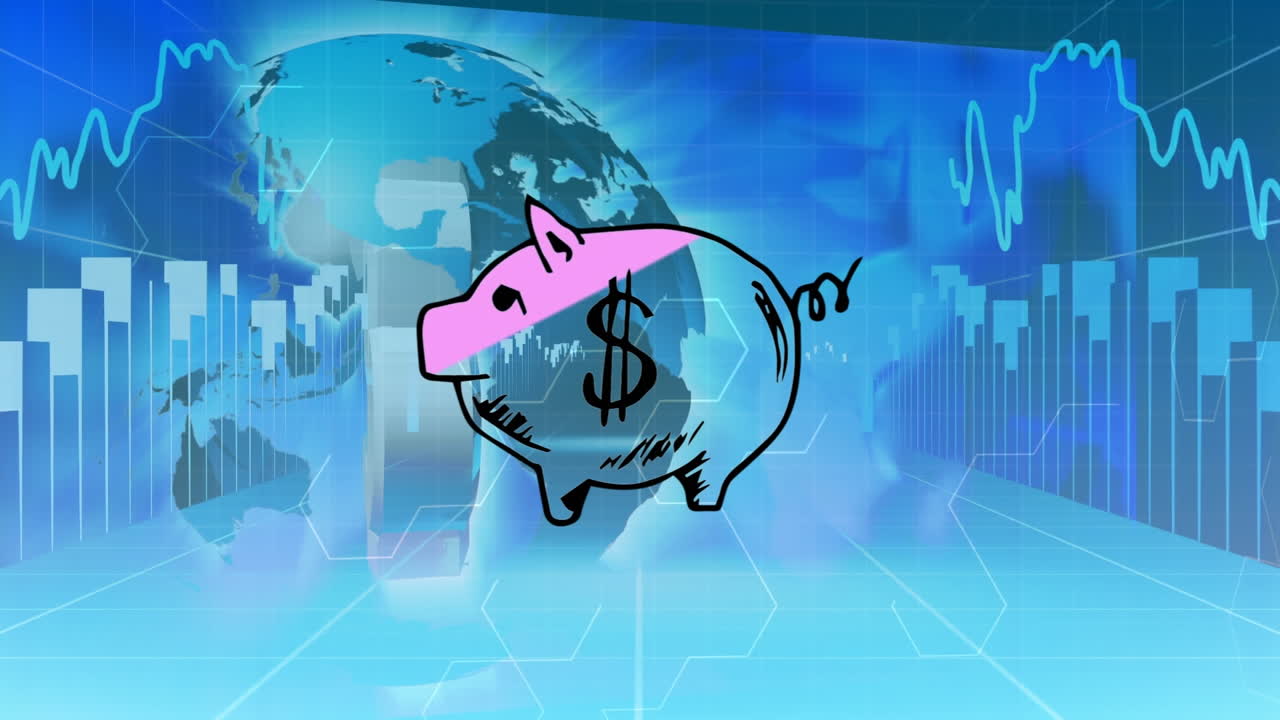 icono de la alcancía sobre el signo de dólar en el globo contra el procesamiento de datos estadísticos en fondo azul