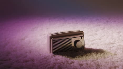 vintage radio on fluffy carpet with ambient lighting