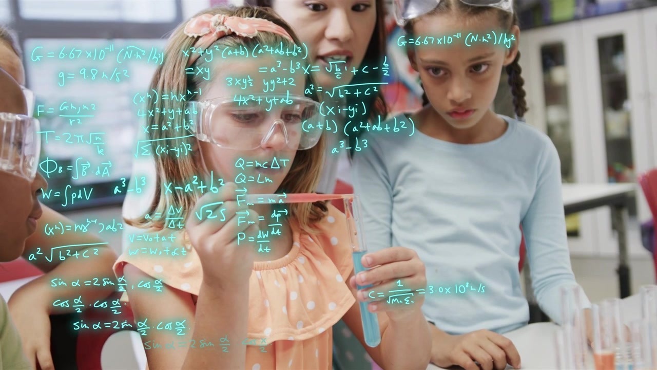 Peach dress student squeezing dropper adding blue liquid for science class teal equations growing
