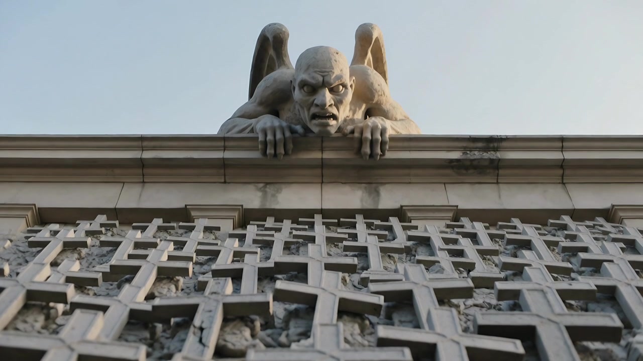 Telecamera inclinata dal basso che rivela un gargoyle di pietra appoggiato a una cornice, con una grata ornata in primo piano.