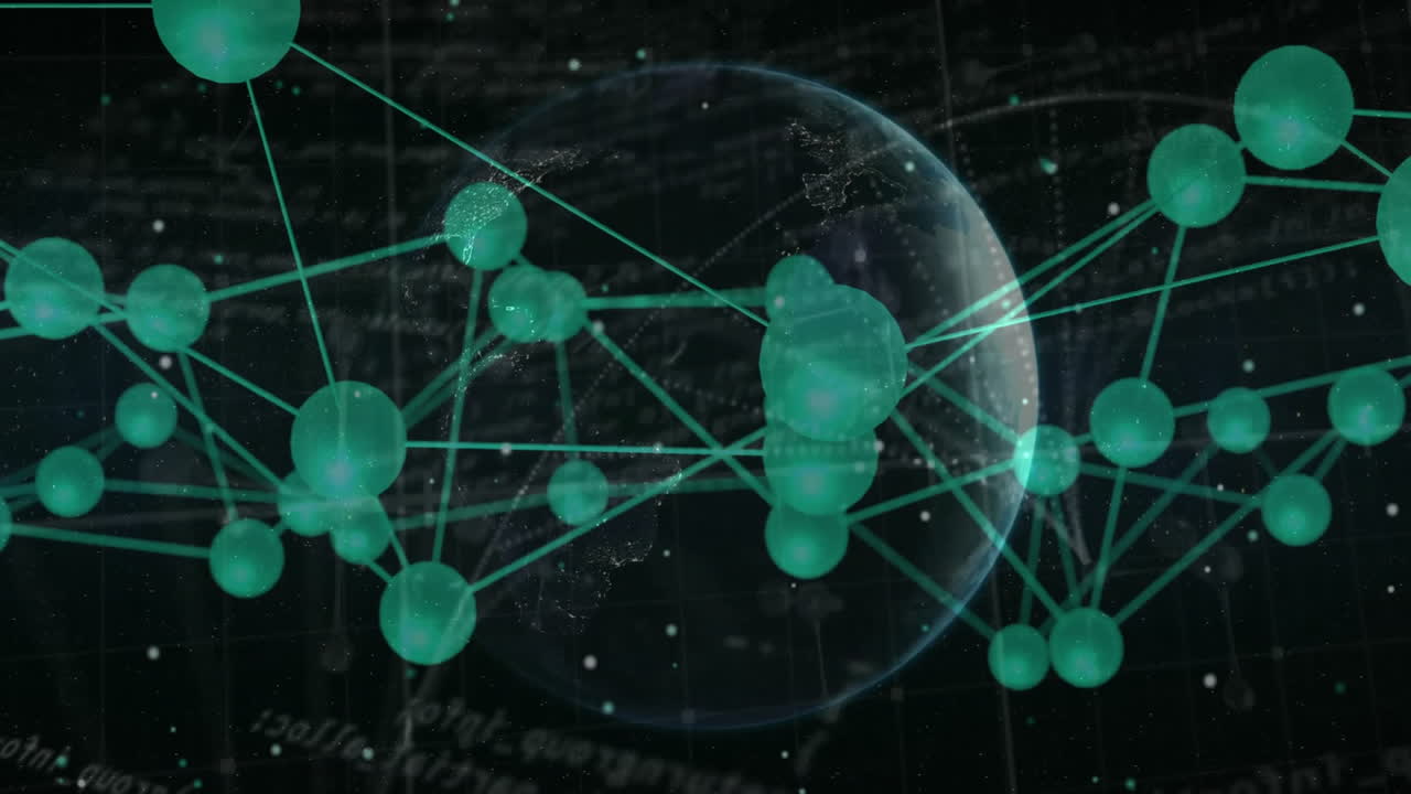 Translucent green network nodes floating above globe, lines connecting nodes across digital grid